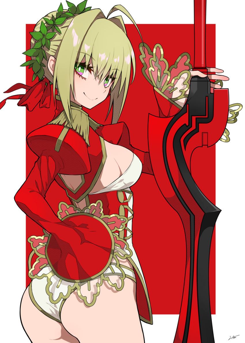 aestus_estus ahoge ass bangs breasts bright_pupils closed_mouth cowboy_shot dress epaulettes eyebrows_visible_through_hair eyelashes fate/extra fate_(series) food green_eyes hair_in_hair hair_ribbon hand_on_hip head_wreath highres holding holding_food juliet_sleeves long_sleeves looking_at_viewer medium_breasts multicolored multicolored_eyes nero_claudius_(fate) nero_claudius_(fate)_(all) outside_border pink_eyes puffy_sleeves ram_(ramlabo) red_background red_dress red_ribbon ribbon see-through shiny shiny_hair short_dress short_hair sideboob signature simple_background smile solo standing thighs tsurime wide_sleeves