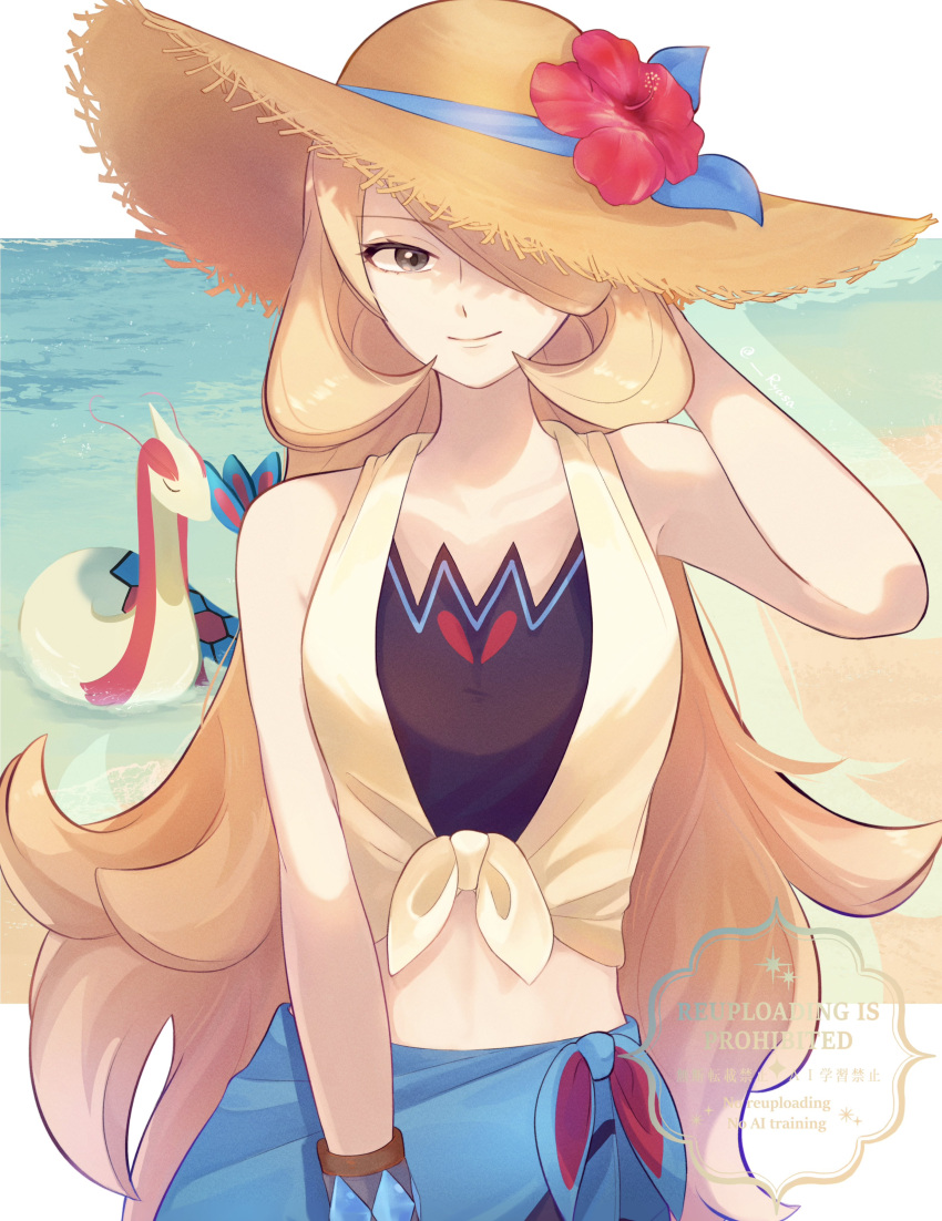 1girl absurdres beach bikini blonde_hair blue_sarong breasts brown_hat closed_mouth crop_top cynthia_(pokemon) cynthia_(summer_2025)_(pokemon) day flower flower_hat grey_eyes hair_over_one_eye hat hat_flower hibiscus highres long_hair looking_at_viewer milotic navel official_alternate_costume outdoors pokemon pokemon_(creature) pokemon_masters_ex red_flower ryusa_(gjgd7445) sarong shirt sky smile straw_hat sun_hat swimsuit tied_shirt very_long_hair water watermark