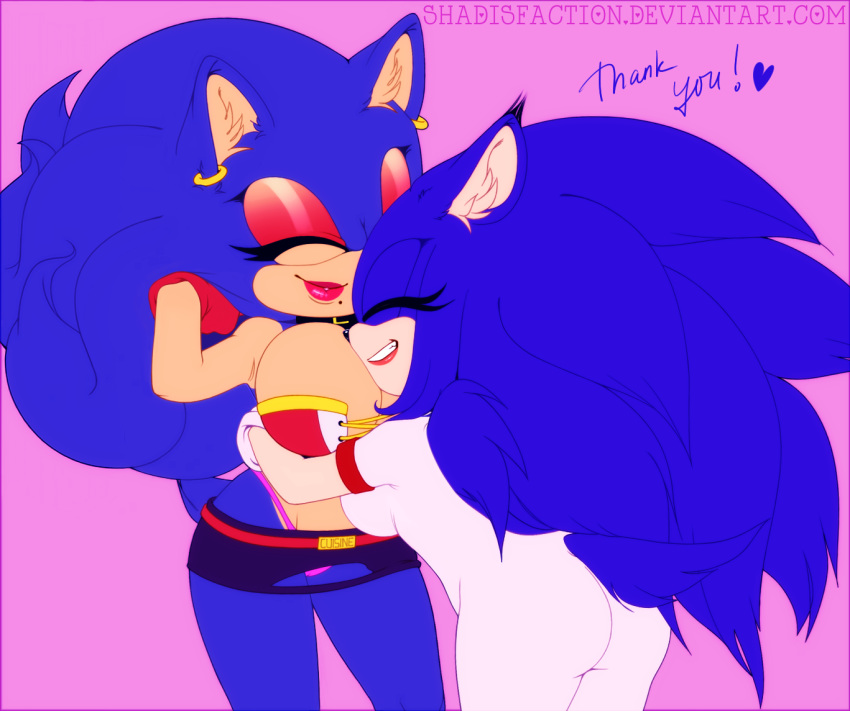 bikini blue_fur breasts clothed clothing collar crossgender duo ear_piercing ear_tuft female fluffy fur gloves hair hig hug lipstick long_hair makeup panties piercing rubber shadisfaction skimpy sonic_(series) sonic_the_hedgehog spandex swimsuit tight_clothing tuft underwear