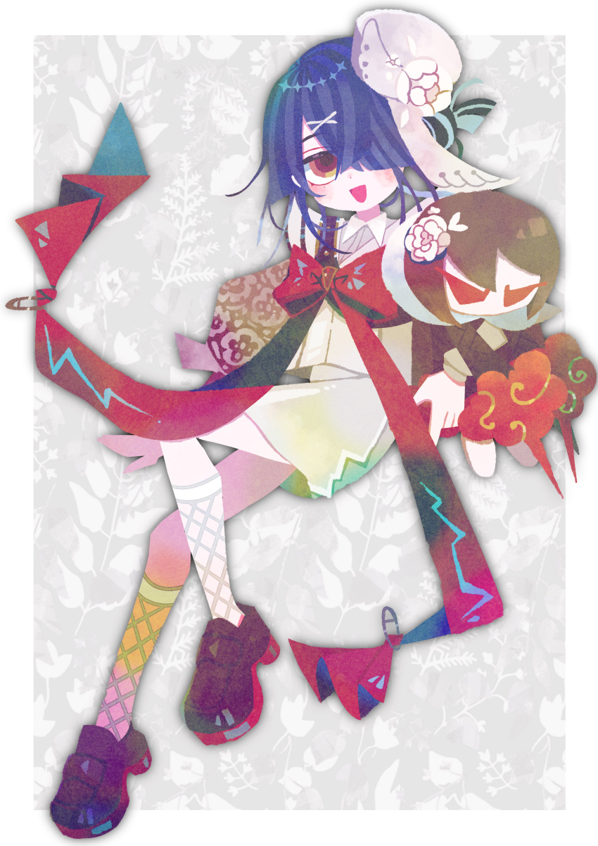 1girl absurdres black_hair blush bow bowtie brown_shoes dress fate/grand_order fate_(series) fishnets flower full_body hair_ornament hair_over_one_eye hairpin hat hat_flower highres lady_yu_doll mini_hat red_bow red_bowtie shoes short_dress short_hair solo stuffed_toy waniyama1993 white_flower white_hat xu_fu_(fate) xu_fu_(fgo_fes._2025)_(fate)