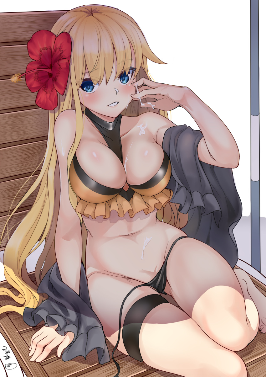 absurdres arm_support baicha bare_legs bare_shoulders barefoot black_bikini_bottom blonde_hair blue_eyes blush breasts cleavage collarbone dated flower hair_between_eyes hair_flower hair_ornament hibiscus highres large_breasts looking_at_viewer navel original parted_lips signature sitting skindentation solo stomach thigh_strap thighs wooden_floor wooden_wall yellow_bikini_top