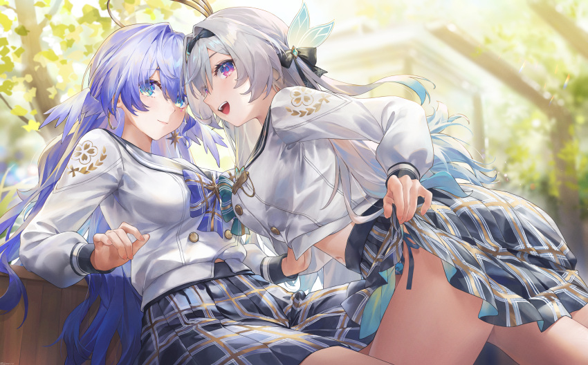 2girls absurdres alternate_costume aqua_eyes aqua_hair black_hairband black_sailor_collar blue_bow blue_bowtie blue_hair bow bowtie closed_mouth earrings face_jewel firefly_(honkai:_star_rail) firefly_(spring_missive)_(honkai:_star_rail) floating_hair gradient_hair green_bow green_bowtie grey_hair hair_between_eyes hair_ornament hairband halo head_wings highres honkai:_star_rail honkai_(series) jewel_under_eye jewelry lifting_own_clothes long_hair long_sleeves looking_at_viewer looking_back mismatched_earrings multicolored_eyes multicolored_hair multiple_girls navel official_alternate_costume open_mouth robin_(honkai:_star_rail) sailor_collar school_uniform shirt skirt smile swkl:d teeth upper_teeth_only white_shirt wings