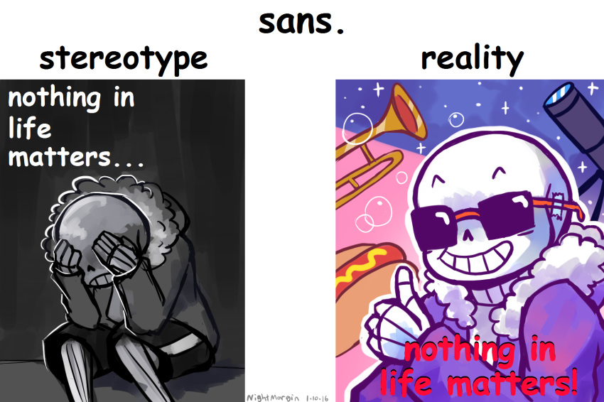 angst animated_skeleton bone comic_sans comparison contrast depression english_text eyewear food hot_dog humanoid humor male musical_instrument nightmargin not_furry sans_(undertale) skeleton smile solo sunglasses tape telescope text trumpet undead undertale video_games