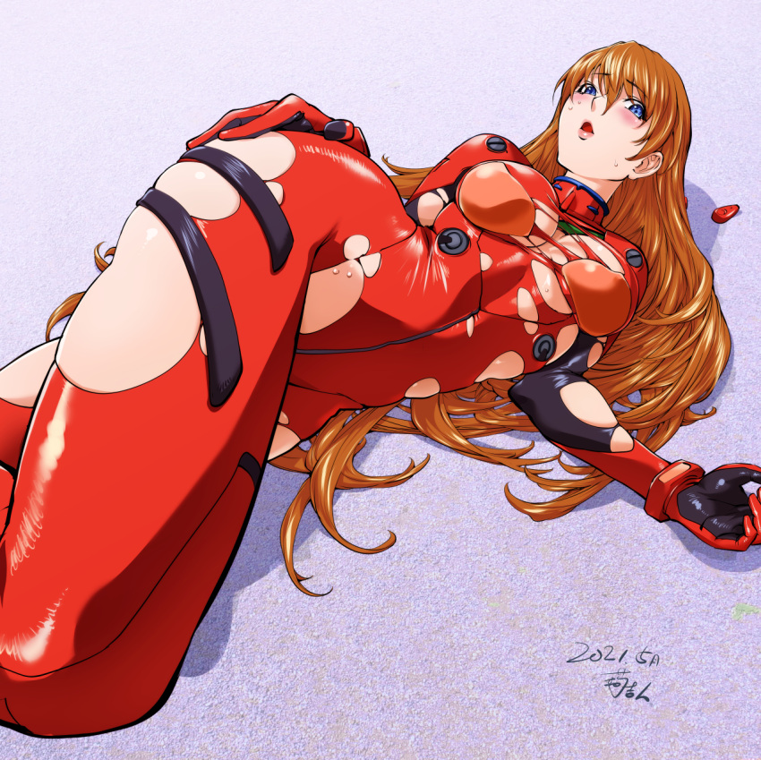 1girl alternate_breast_size blue_eyes blush bodysuit breasts brown_hair cleavage cowboy_shot dated dutch_angle evangelion:_3.0+1.0_thrice_upon_a_time hairpods headgear highres interface_headset kon-kit large_breasts lips long_hair looking_at_viewer lying neon_genesis_evangelion on_back open_mouth pilot_suit plugsuit rebuild_of_evangelion red_bodysuit science_fiction skindentation solo souryuu_asuka_langley sweat thighs torn_bodysuit torn_clothes wardrobe_malfunction