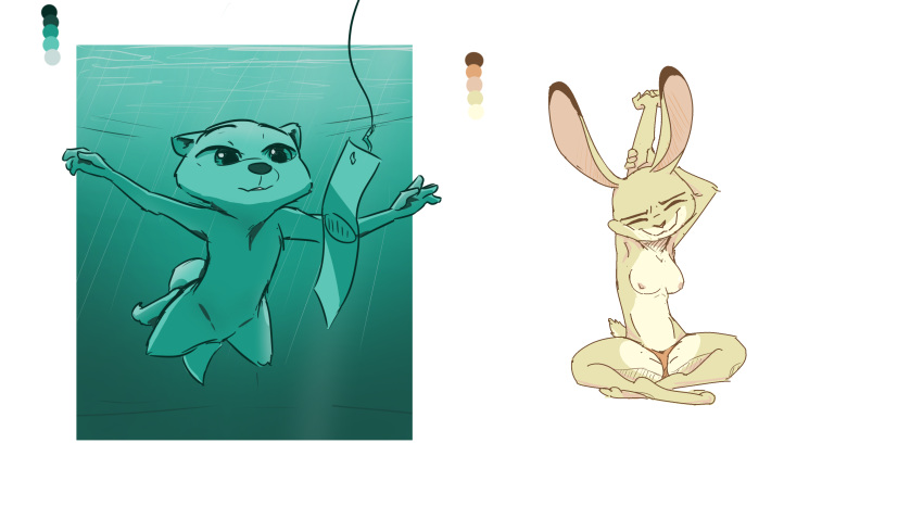 2018 anthro breasts clothed clothing dipstick_ears disney duo female fishing_line hook ittybittykittytittys judy_hopps kris_(zootopia) lagomorph mammal money multiple_images mustelid nipples nude otter rabbit simple_background sitting stretching topless underwater water white_background zootopia