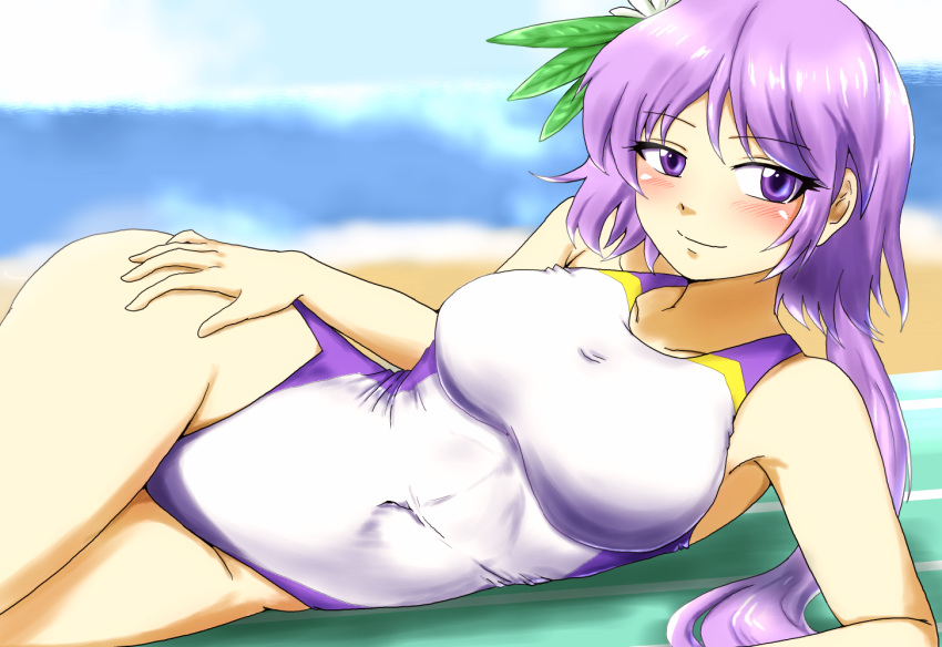 beach blue_sky breasts competition_swimsuit d-m_(dii_emu) day flower hair_flower hair_ornament hand_on_hip lavender_hair looking_at_viewer low_twintails lying medium_breasts one-piece_swimsuit purple_swimsuit sand sky smile solo swimsuit touhou tsukumo_benben twintails two-tone_swimsuit water white_swimsuit