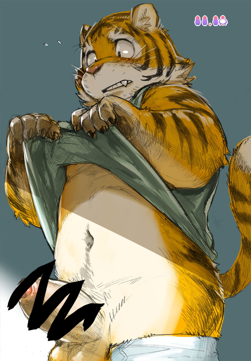 anthro balls big_penis censored clothed clothing embarrassed fangs feline foreskin hi_res kita_(artist) male mammal partially_clothed penis shirt simple_background slightly_chubby solo tank_top teeth tiger tight_foreskin uncut underwear