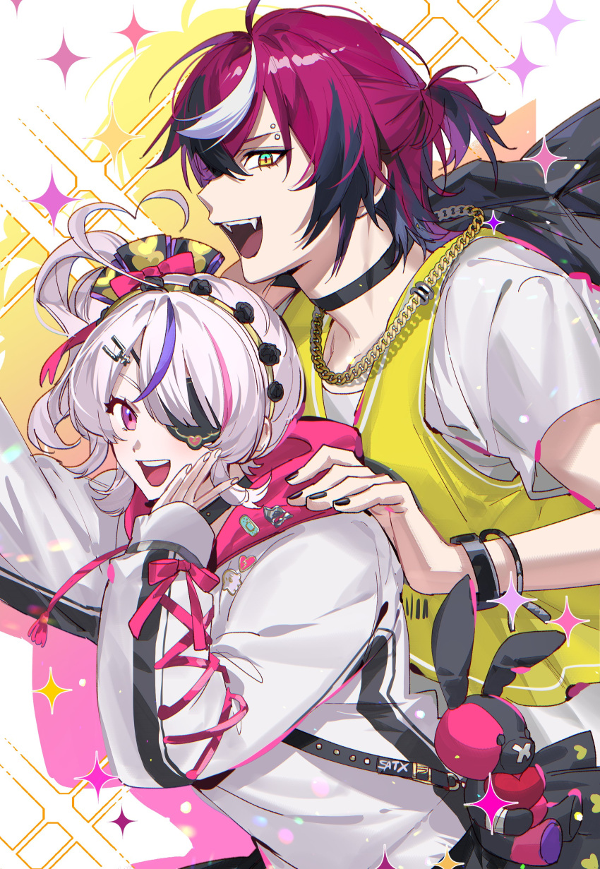 1boy 1girl :d absurdres ahoge antenna_hair arm_up basketball_jersey black_choker black_hair black_jacket black_nails bow bracelet chain chain_necklace choker cross-laced_clothes cross-laced_sleeves crossed_bangs doppio_dropscythe drawstring drop_shadow eyebrow_piercing eyelashes eyepatch face_piercing fangs fingernails gold_necklace green_eyes hair_between_eyes hair_bow hair_ornament hairband hairclip half_updo hand_on_another's_shoulder hand_up hashtag-only_commentary heart heart_ahoge highres holding holding_jacket holding_unworn_clothes hood hood_down hoodie jacket jewelry kaohom503 lace-up_sleeves long_sleeves looking_at_viewer maria_marionette medium_hair multicolored_eyes multicolored_hair nail_polish national_basketball_association necklace nijisanji nijisanji_en one_eye_covered open_mouth parted_bangs piercing pink_bow pink_hair pink_ribbon pom_pom_(clothes) purple_eyes purple_hair ribbon san_antonio_spurs shirt short_sleeves side_ponytail sidelocks sir_ventrilo_(maria_marionette) sleeves_past_wrists smile sparkle sticker streaked_hair stuffed_animal stuffed_rabbit stuffed_toy tassel teeth unworn_jacket upper_teeth_only virtual_youtuber white_background white_hair white_hoodie white_shirt yellow_eyes yellow_hairband