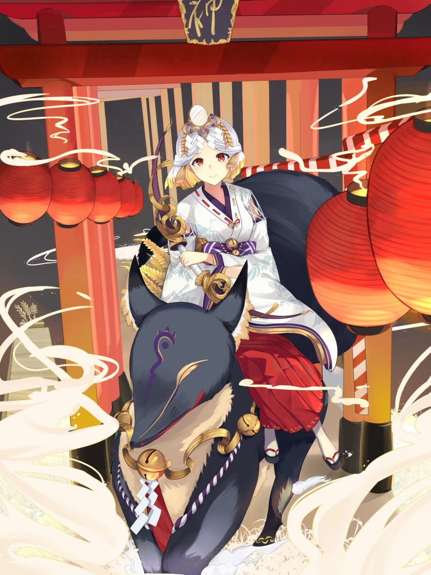 bell blonde_hair bow_(weapon) detached_sleeves fox hakama highres holding holding_bow_(weapon) holding_weapon japanese_clothes jingle_bell lantern long_sleeves miketsu_(onmyoji) miko mirror mosta_(lo1777789) multiple_torii onmyoji orange_eyes paper_lantern red_hakama ribbon-trimmed_clothes ribbon_trim riding rope sandals shide short_hair solo torii weapon wheat white_hair wide_sleeves