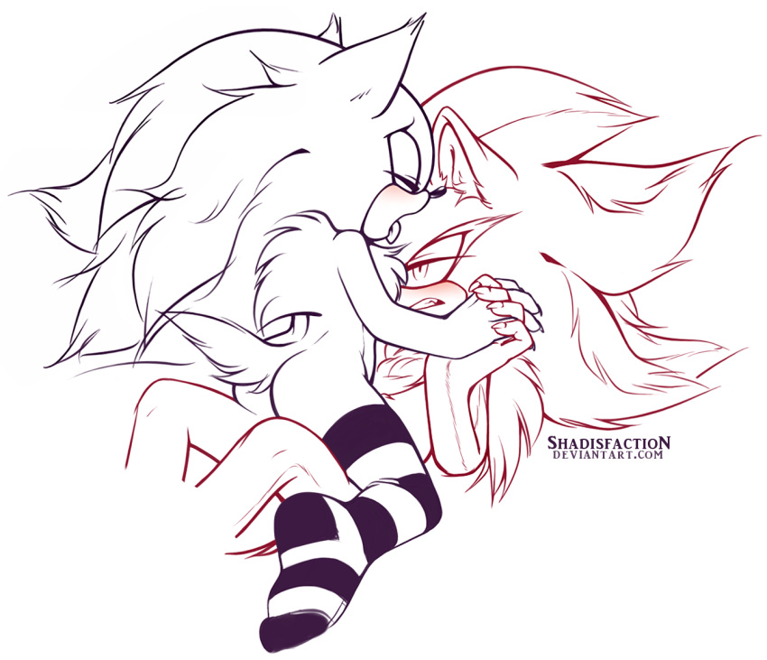 butt chest_tuft claws clothing duo ear_tuft fangs fluffy growling hair invalid_tag legwear licking long_hair male male/male open_mouth shadisfaction: shadow_the_hedgehog short_tail sonic_(series) sonic_the_hedgehog stockings teeth tongue tongue_out tuft