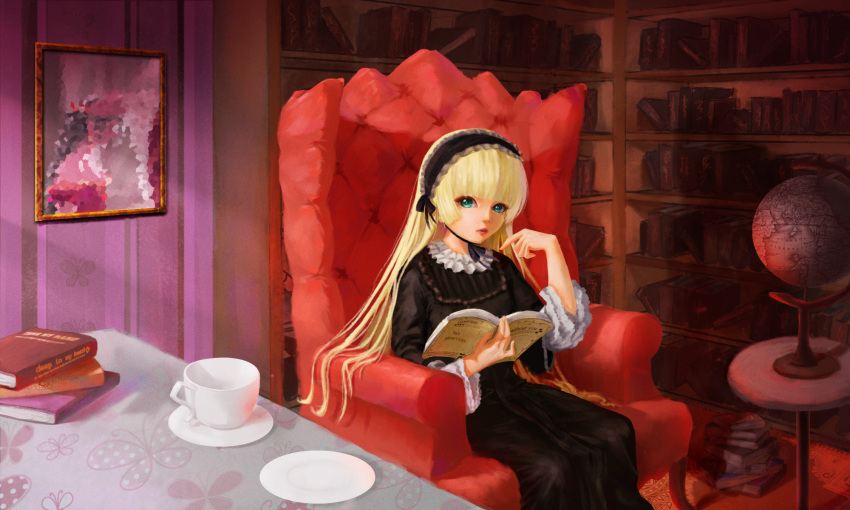 aqua_eyes armchair bangs black_dress black_hairband blonde_hair blunt_bangs book book_stack bookshelf chair chin_strap cup dress frilled_dress frilled_hairband frilled_sleeves frills globe gosick gothic_lolita green_eyes hairband highres hime_cut holding holding_book indoors lipstick lolita_fashion lolita_hairband long_hair looking_at_viewer makeup open_book painting_(object) parted_lips picture_frame pile_of_books plate red_lipstick room saucer sitting solo sy2 table teacup very_long_hair victorica_de_blois