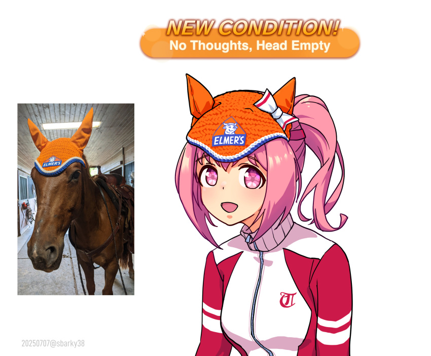 1girl :d animal_ear_headwear animal_ears artist_name beanie black_jacket bow commentary dated ear_covers elmer's english_commentary english_text flower-shaped_pupils haru_urara_(umamusume) hat hat_bow highres horse_ears horse_girl jacket meme mixed-language_commentary multicolored_jacket no_thoughts_head_empty_(meme) orange_hat photo_inset pink_eyes pink_hair ponytail red_jacket reference_inset sbarky38 simple_background smile symbol-shaped_pupils symbol_in_eye twitter_username two-tone_jacket umamusume upper_body white_background white_bow zipper zipper_pull_tab