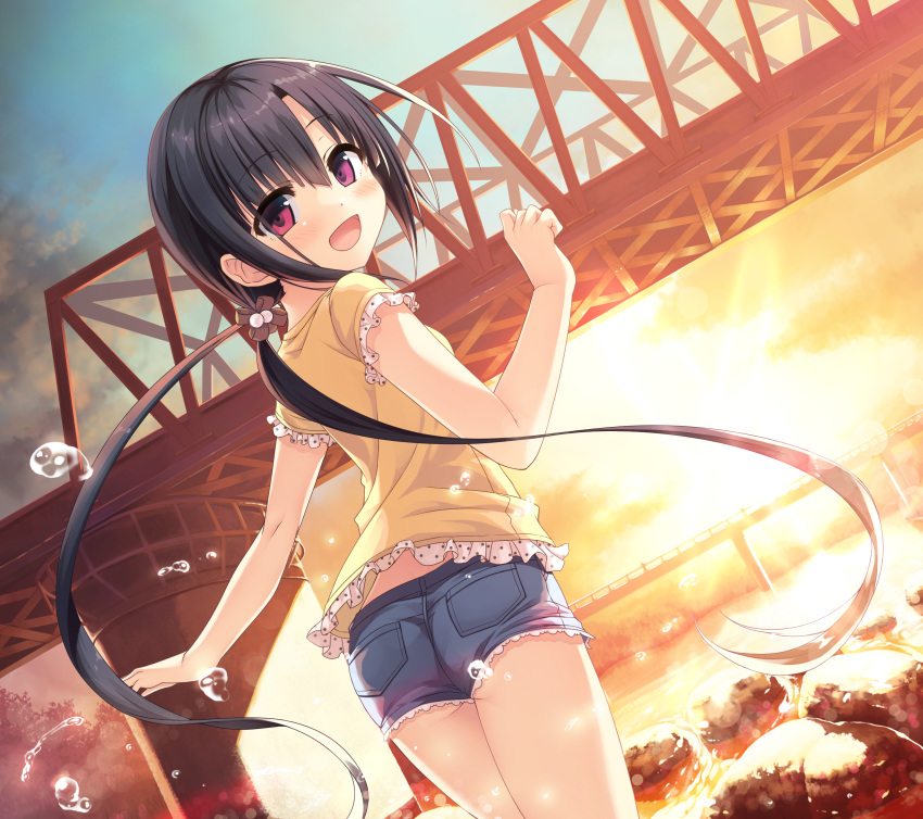 :d absurdres ass bangs black_hair blue_shorts blue_sky blush bridge cloud cura denim denim_shorts dutch_angle enty_reward eyebrows_visible_through_hair from_behind hair_between_eyes hand_up hayase_fukami highres long_hair looking_at_viewer looking_back low_twintails maitetsu open_mouth outdoors paid_reward polka_dot purple_eyes river rock shirt short_shorts short_sleeves shorts sky smile solo sunset twintails very_long_hair water water_drop yellow_shirt