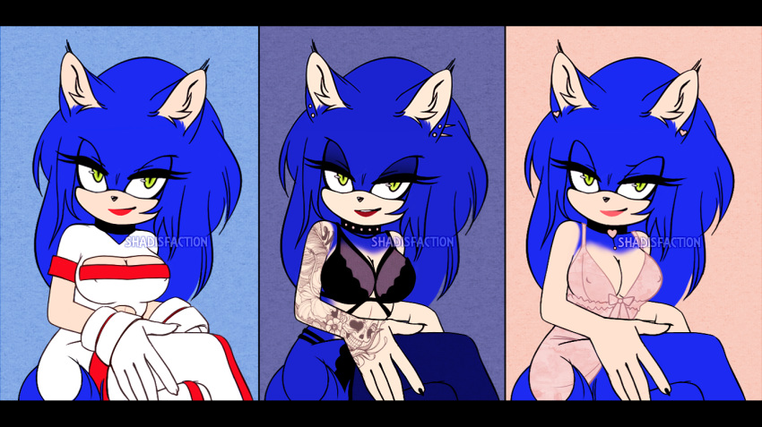 blue_fur breasts claws clothed clothing collar ear_piercing female fur green_eyes hair hedgehog legwear lingerie lipstick long_hair looking_at_viewer makeup mammal nipples piercing rubber shadisfaction skimpy solo sonic_(series) sonic_the_hedgehog spandex stockings tattoo thick_thighs tight_clothing