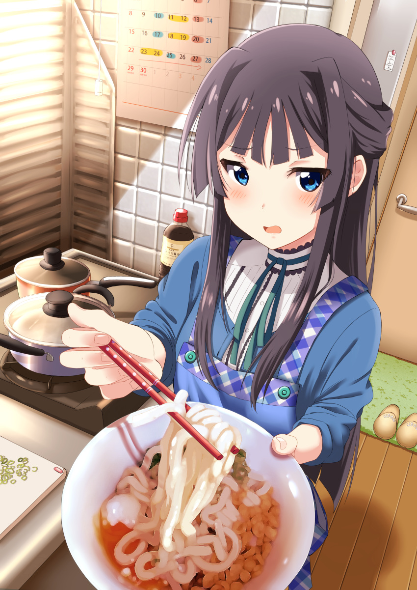 absurdres apron bangs black_hair blue_eyes blush bowl calendar_(object) chopsticks door eyebrows_visible_through_hair feeding food hair_intakes highres idolmaster idolmaster_million_live! kitchen long_hair looking_at_viewer md5_mismatch mogami_shizuka noodles open_mouth pov_feeding ramen saucepan shiokazunoko solo soy_sauce udon wooden_floor