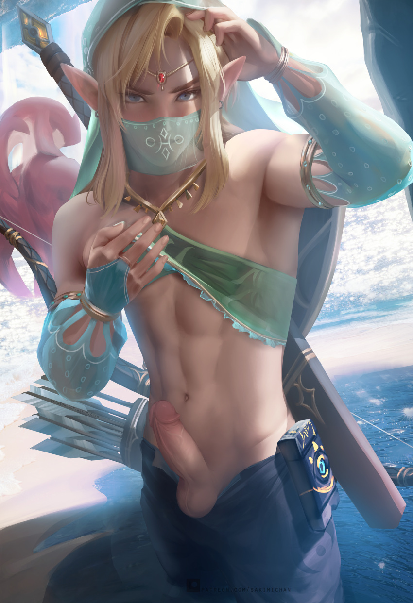 abs absurdres banned_artist blue_eyes bow bridal_gauntlets erection gerudo_link highres looking_at_viewer male_focus navel penis pointy_ears sakimichan see-through smile solo standing testicles the_legend_of_zelda the_legend_of_zelda:_breath_of_the_wild uncensored water