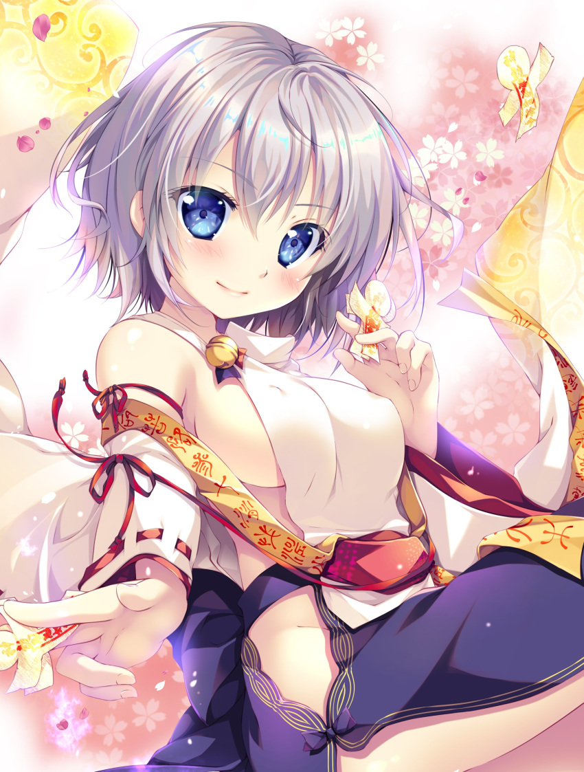 absurdres blue_eyes blue_hakama blush breasts cherry_blossoms covered_nipples detached_sleeves eyebrows_visible_through_hair hair_between_eyes hakama highres holding japanese_clothes looking_at_viewer medium_breasts mikeou original ribbon-trimmed_sleeves ribbon_trim short_hair sideboob silver_hair smile solo talisman