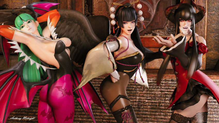 3girls animal_print armpits arms_behind_back ass bangs bare_shoulders bat black_hair blunt_bangs breasts bridal_gauntlets cleavage collarbone commentary crossover dead_or_alive dead_or_alive_5 demon_girl demon_horns demon_wings detached_sleeves dress eliza_(tekken) eyeliner fangs feathered_wings feet_out_of_frame flower frilled_skirt frills gradient_hair green_hair hair_ornament hand_on_hip hat head_wings heart_cutout highleg highleg_leotard highres hime_cut horns huge_filesize japanese_clothes leotard lipstick long_hair long_sleeves looking_at_viewer makeup medium_breasts morrigan_aensland multicolored_hair multiple_crossover multiple_girls nyotengu obi open_mouth pantyhose parted_bangs pink_legwear pose print_legwear purple_wings red_dress red_eyes rose sash sideboob skirt slit_pupils smile spaghetti_strap spikes straight_hair strap_slip succubus tattoo tekken tekken_7 tekken_revolution tengu thighhighs tokin_hat trait_connection two_side_up vampire vampire_(game) very_long_hair wide_sleeves wings