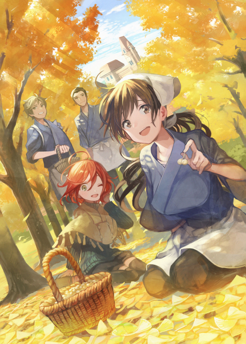 2girls :d ahoge apron autumn_leaves bangs basket berries black_hair black_legwear brown_eyes brown_hair commentary cover dutch_angle eva_(isekai_izakaya) ginkgo green_eyes hand_on_own_cheek hans_(isekai_izakaya) head_scarf highres isekai_izakaya_"nobu" japanese_clothes kururi leaf light_rays long_hair long_sleeves multiple_boys multiple_girls official_art on_ground one_eye_closed open_mouth outdoors red_hair ribbed_sweater samue seiza senke_shinobu shawl short_hair sitting smile sunbeam sunlight sweater tassel tasuki thighhighs tree waist_apron wariza wind yazawa_nobuyuki