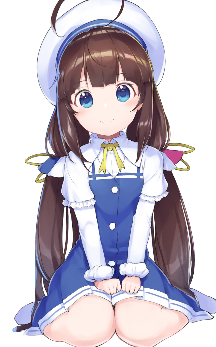 ahoge bangs beret blue_dress blue_eyes blush brown_hair closed_mouth commentary_request dabuki dress eyebrows_visible_through_hair hands_on_lap hat highres hinatsuru_ai long_hair long_sleeves low_twintails ryuuou_no_oshigoto! school_uniform short_over_long_sleeves short_sleeves simple_background sitting smile socks solo twintails v_arms very_long_hair wariza white_background white_hat white_legwear