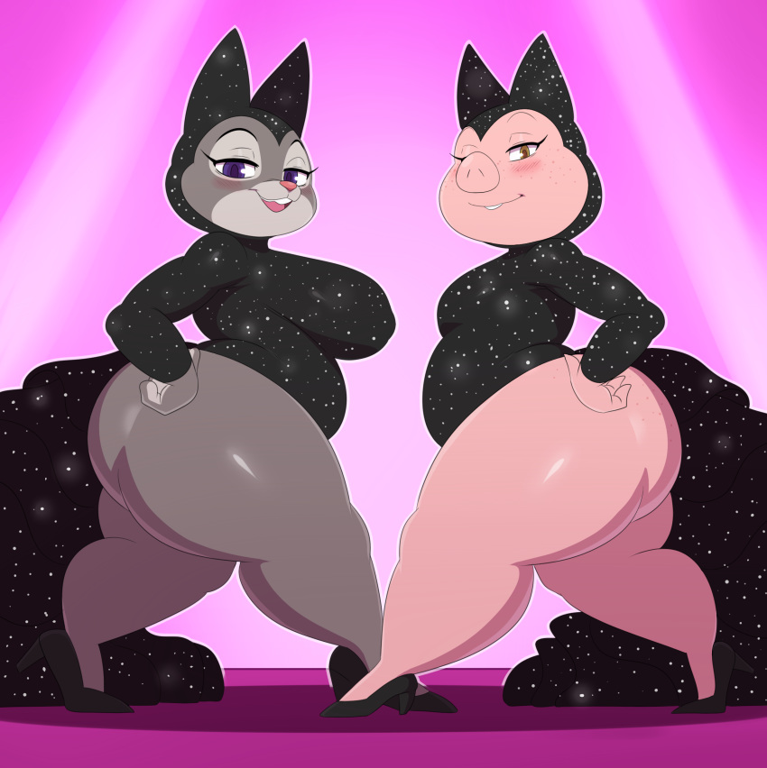 2018 absurd_res anthro belly big_butt blush bonnie_hopps breasts brown_eyes buckteeth butt clothed clothing cosplay crossover digital_media_(artwork) disney dress duo female footwear hi_res high_heels lagomorph looking_at_viewer mammal mature_female open_mouth overweight overweight_female pig pink_nose porcine purple_eyes rabbit rosita_(sing) shoes side_view sing_(movie) sssonic2 standing teeth thick_thighs voluptuous zootopia