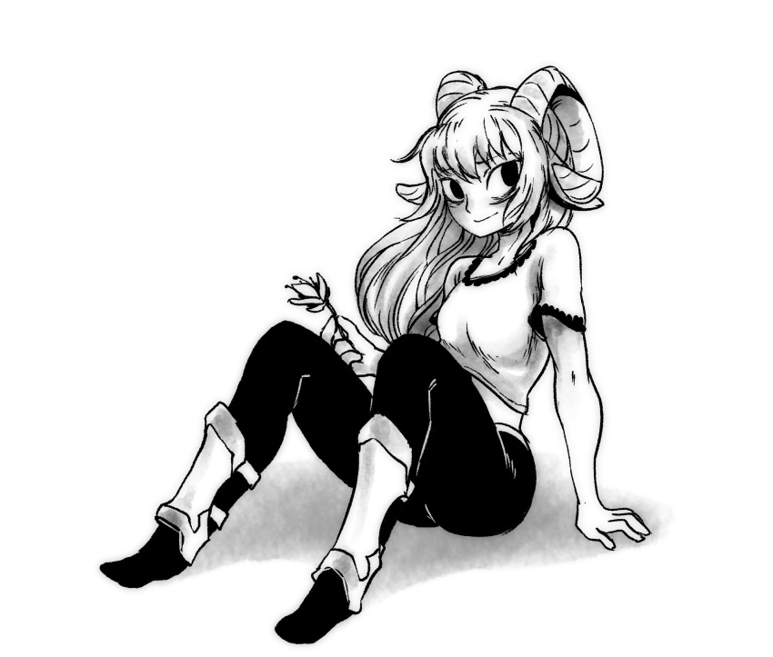 animal_humanoid caprine clothed clothing female goat_humanoid hair horn humanoid looking_at_viewer mammal monochrome pwcsponson simple_background sitting solo