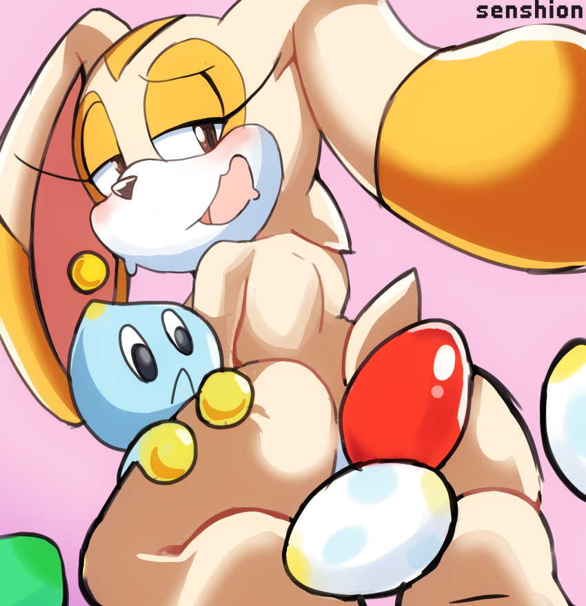 2018 absurd_res anthro barefoot blush butt chao cheese_the_chao convenient_censorship cream_the_rabbit duo egg female hand_on_butt hedgehog hi_res lagomorph long_ears mammal nude open_mouth rabbit senshion signature soles sonic_(series) video_games