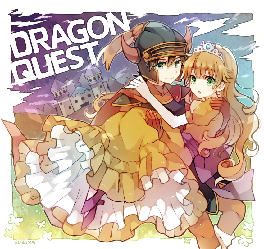 1girl carrying commentary_request dragon_quest dragon_quest_i hero_(dq1) highres long_hair princess_carry princess_laura short_hair suzuna_(mark_of_luck)