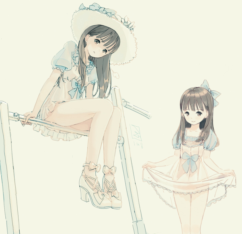 :t ankle_lace-up bangs blue_bow blush bow brown_eyes brown_hair closed_mouth collarbone cross-laced_footwear dress eyebrows_visible_through_hair hair_bow hat hat_bow high_heels highres holding horizontal_bar kokudou_juunigou long_hair multiple_girls original pout puffy_short_sleeves puffy_sleeves short_dress short_sleeves signature sitting skirt_hold smile standing white_dress white_footwear white_hat