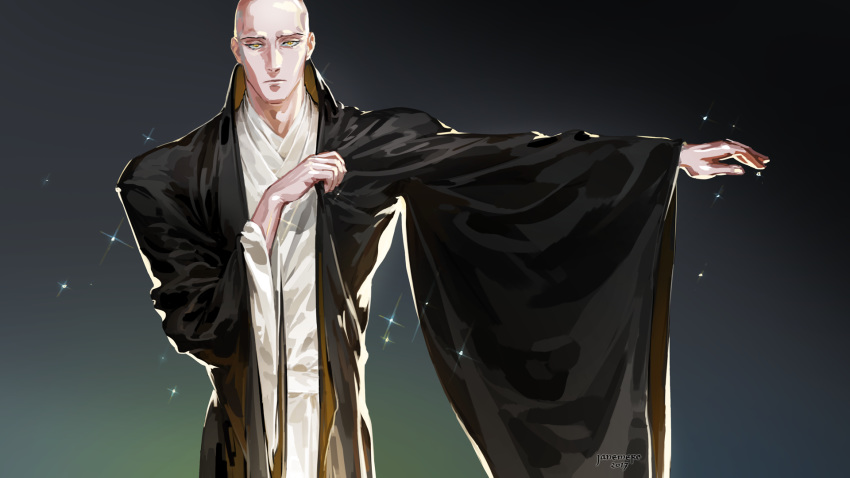 adjusting_clothes artist_name bald closed_mouth dressing highres houseki_no_kuni jane_mere japanese_clothes kongou_sensei long_sleeves male_focus monk open_eyes outstretched_arm pale_skin robe simple_background solo sparkle upper_body wide_sleeves yellow_eyes