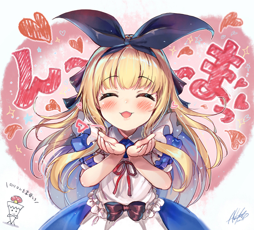 :d ^_^ akabane_(zebrasmise) apron bangs black_hairband black_ribbon blonde_hair blown_kiss blue_dress blush closed_eyes collared_dress commentary_request dress eyebrows_visible_through_hair facing_viewer fingernails hair_ribbon hairband hands_up heart long_hair maid_apron mononobe_alice nijisanji open_mouth puffy_short_sleeves puffy_sleeves red_ribbon ribbon short_sleeves signature smile solo sparkle translation_request very_long_hair virtual_youtuber white_apron