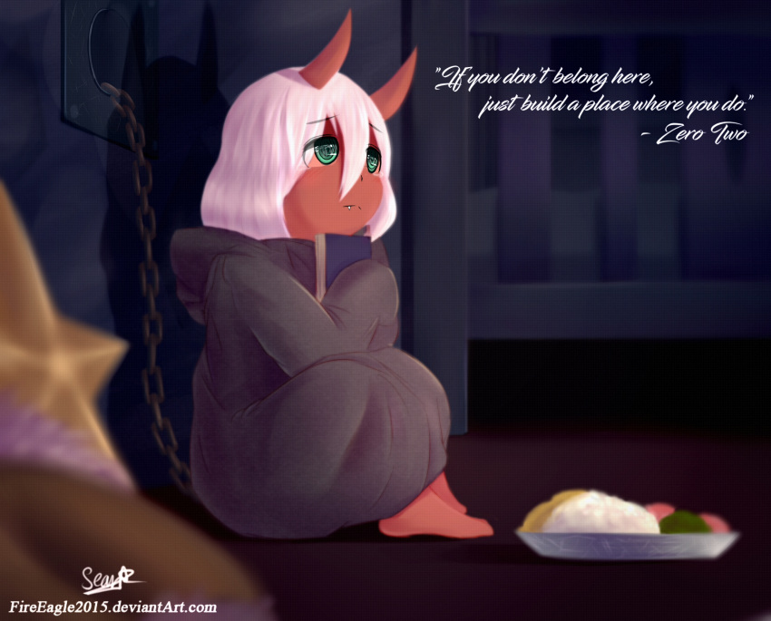 &lt;3 02 2018 bed blush book chain coat cute darling_in_the_franxx demon fangs female food oni plate rice senz sitting star