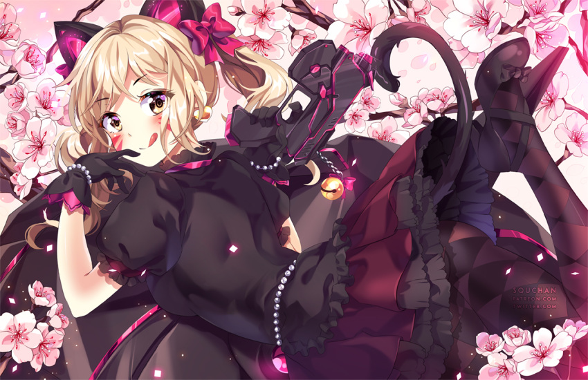 animal_ears bell blonde_hair bow catgirl cherry_blossoms d.va dress flowers gloves jpeg_artifacts long_hair overwatch pantyhose squadra tail twintails yellow_eyes