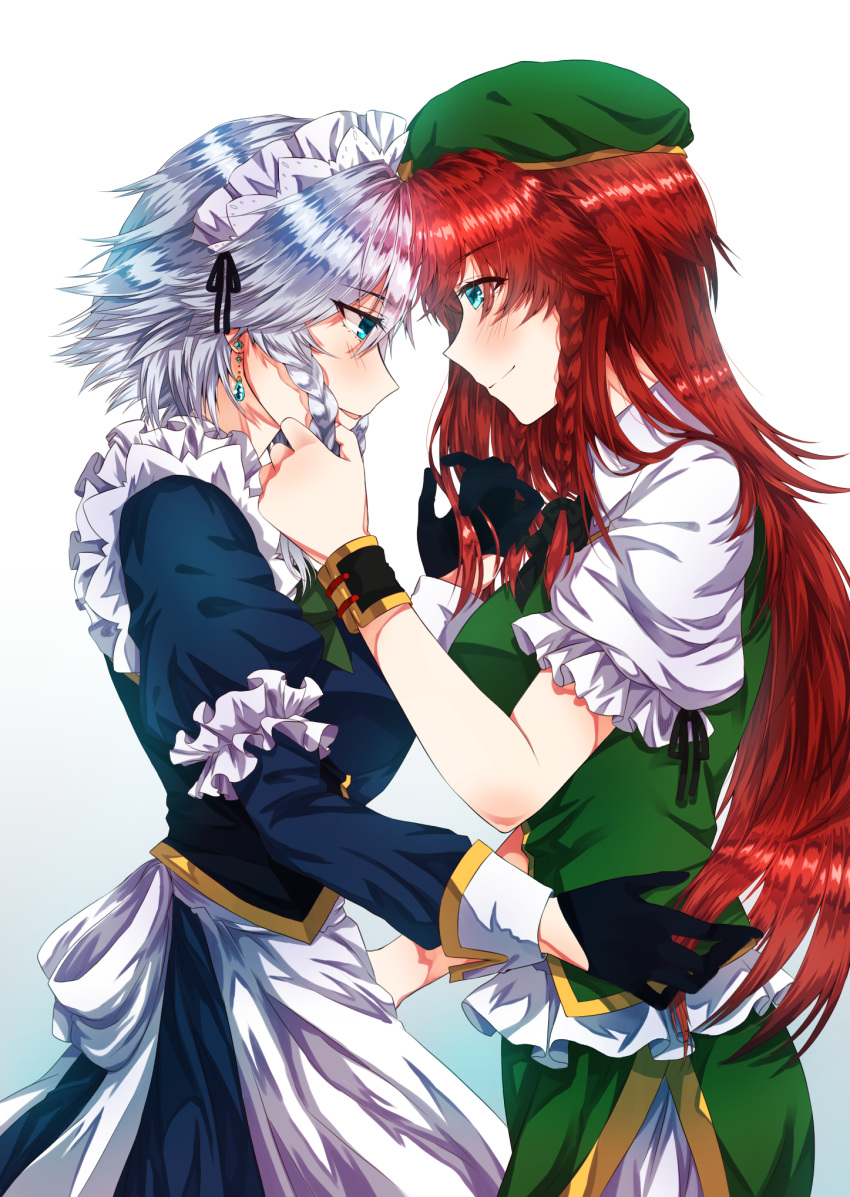 apron aqua_eyes bad_id bad_pixiv_id black_gloves blue_eyes blush braid closed_mouth commentary_request earrings forehead-to-forehead from_side gloves gradient gradient_background green_headwear green_vest hair_grab highres himajinsan0401 hong_meiling izayoi_sakuya jewelry long_hair long_sleeves looking_at_another maid_headdress multiple_girls profile puffy_long_sleeves puffy_short_sleeves puffy_sleeves short_hair short_sleeves silver_hair skirt skirt_set smile touhou twin_braids very_long_hair vest wrist_cuffs yuri