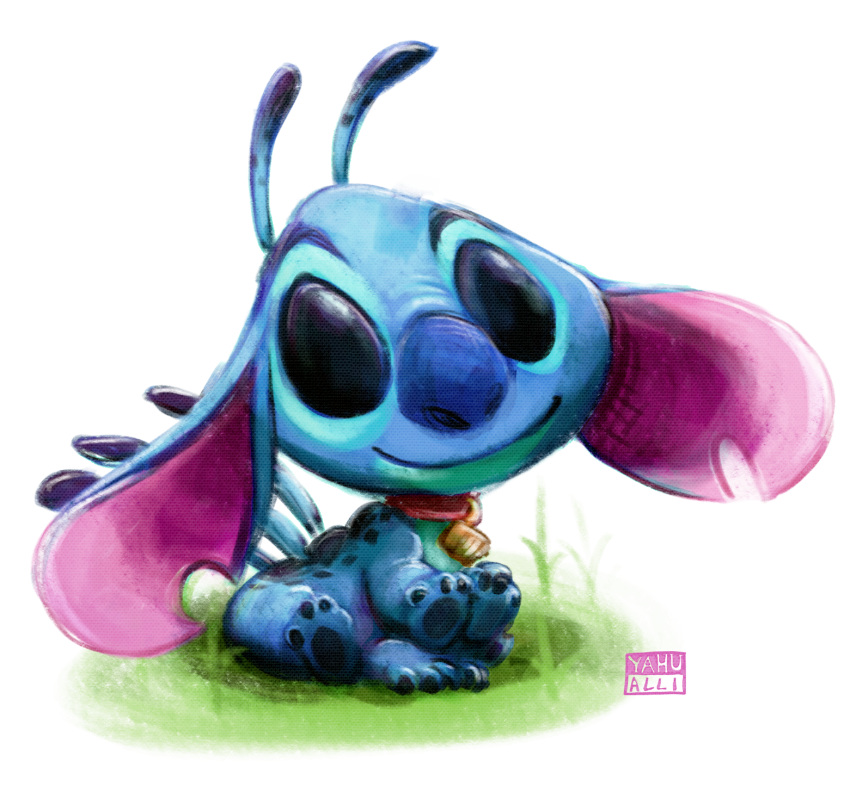 2015 6_legs alien alternate_form antennae back_markings back_spines big_ears big_head black_eyes blue_body blue_nose chibi collar cute digital_media_(artwork) digital_painting_(artwork) dipstick_antennae disney experiment_(species) lilo_and_stitch markings multi_leg multi_limb notched_ear simple_background sitting smile solo stitch white_background yahualli