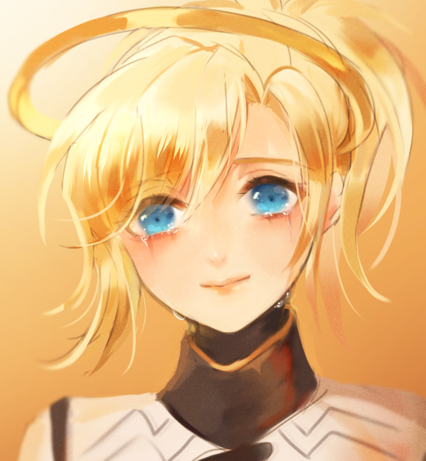 atobesakunolove blonde_hair blue_eyes chinese_commentary closed_mouth commentary_request crying crying_with_eyes_open eyebrows_visible_through_hair halo highres looking_at_viewer mercy_(overwatch) orange_background overwatch ponytail portrait smile solo tears