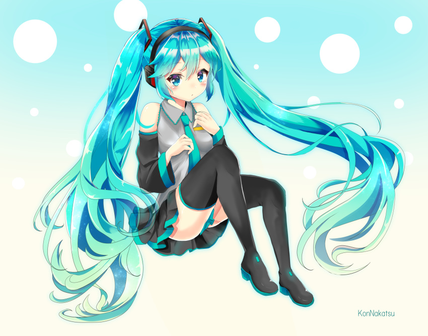 absurdres aqua_hair artist_name blue_background blue_eyes blush boots detached_sleeves full_body gradient gradient_background hatsune_miku headphones highres long_hair nakatsu_kon necktie sitting skirt solo thigh_boots thighhighs twintails very_long_hair vocaloid white_background