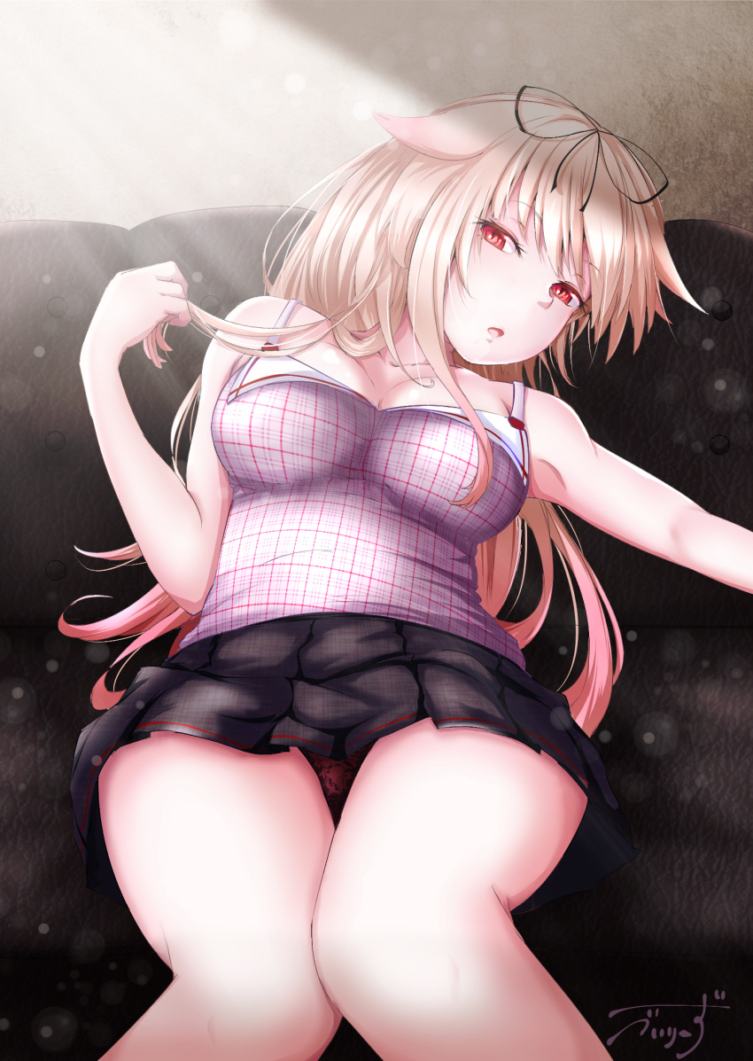 alternate_costume armpits baileys_(tranquillity650) bangs black_ribbon black_skirt blonde_hair blush breasts cleavage collarbone commentary_request couch eyebrows_visible_through_hair gradient_hair hair_flaps hair_ornament hair_ribbon half-closed_eyes head_tilt highres holding holding_hair kantai_collection knees_together_feet_apart lingerie long_hair looking_at_viewer lying medium_breasts messy_hair miniskirt multicolored_hair open_mouth panties pantyshot pantyshot_(lying) pleated_skirt red_eyes red_panties remodel_(kantai_collection) ribbon sidelocks signature skirt solo tank_top thighs underwear very_long_hair yuudachi_(kantai_collection)