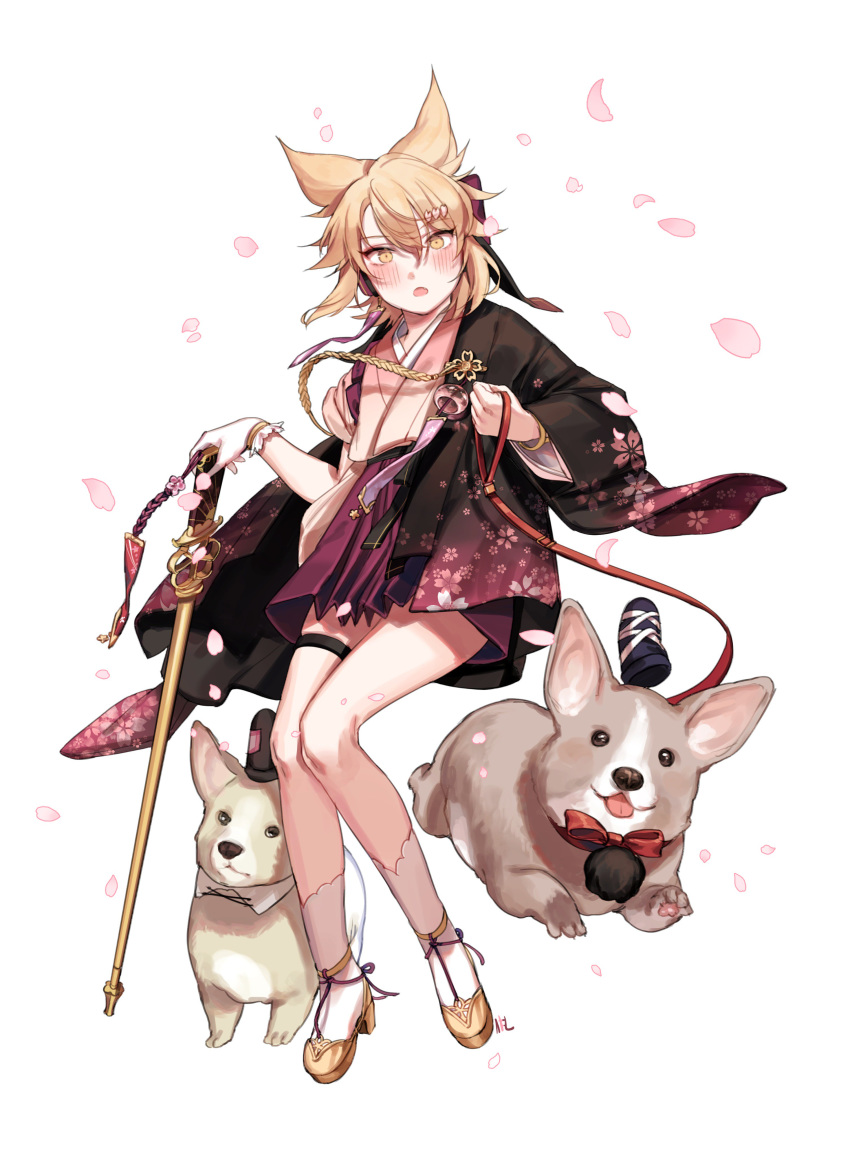 :o absurdres alternate_costume animal bare_legs black_kimono blonde_hair blush commentary_request dog eyebrows_visible_through_hair floral_print full_body hair_between_eyes hat head_tilt highres holding_leash japanese_clothes kimono korean_commentary leash long_sleeves looking_at_viewer mononobe_no_futo petals pink_kimono pointy_hair shan short_hair simple_background soga_no_tojiko tate_eboshi thigh_strap touhou toyosatomimi_no_miko welsh_corgi white_background wide_sleeves yellow_eyes yellow_footwear