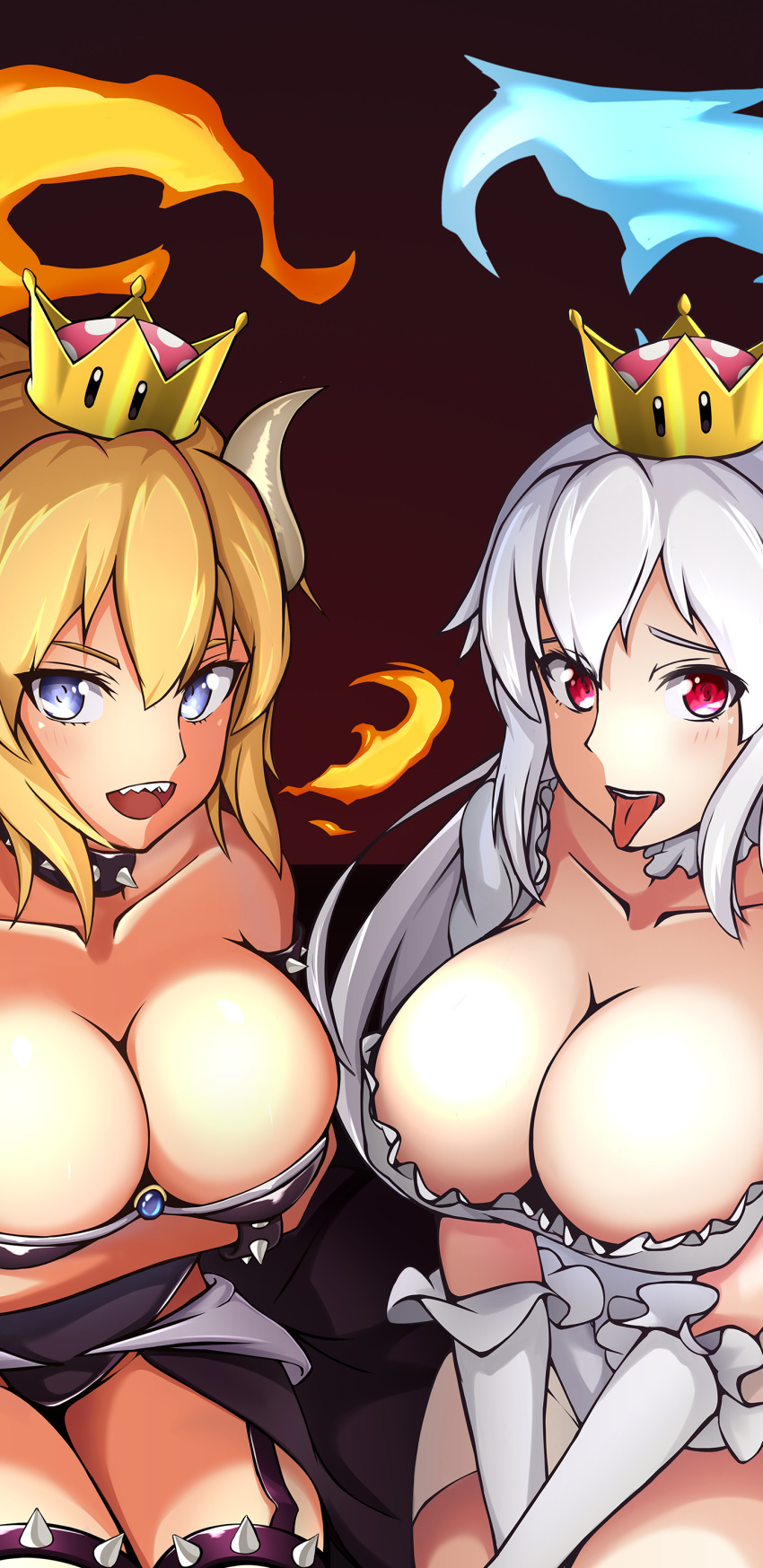 2girls absurdres arms_under_breasts between_legs black_collar black_dress blonde_hair blue_eyes bowsette bracelet breasts cleavage collar crown dress fire frilled_collar frilled_dress frilled_gloves frills funkygarage garter_straps gloves hand_between_legs highres horns jewelry large_breasts long_tongue luigi's_mansion mario_(series) multiple_girls new_super_mario_bros._u_deluxe nintendo open_mouth pointy_ears princess_king_boo sharp_teeth spiked_armlet spiked_bracelet spiked_collar spikes strapless strapless_dress super_crown super_mario_bros. teeth thighlet tongue tongue_out white_dress white_gloves