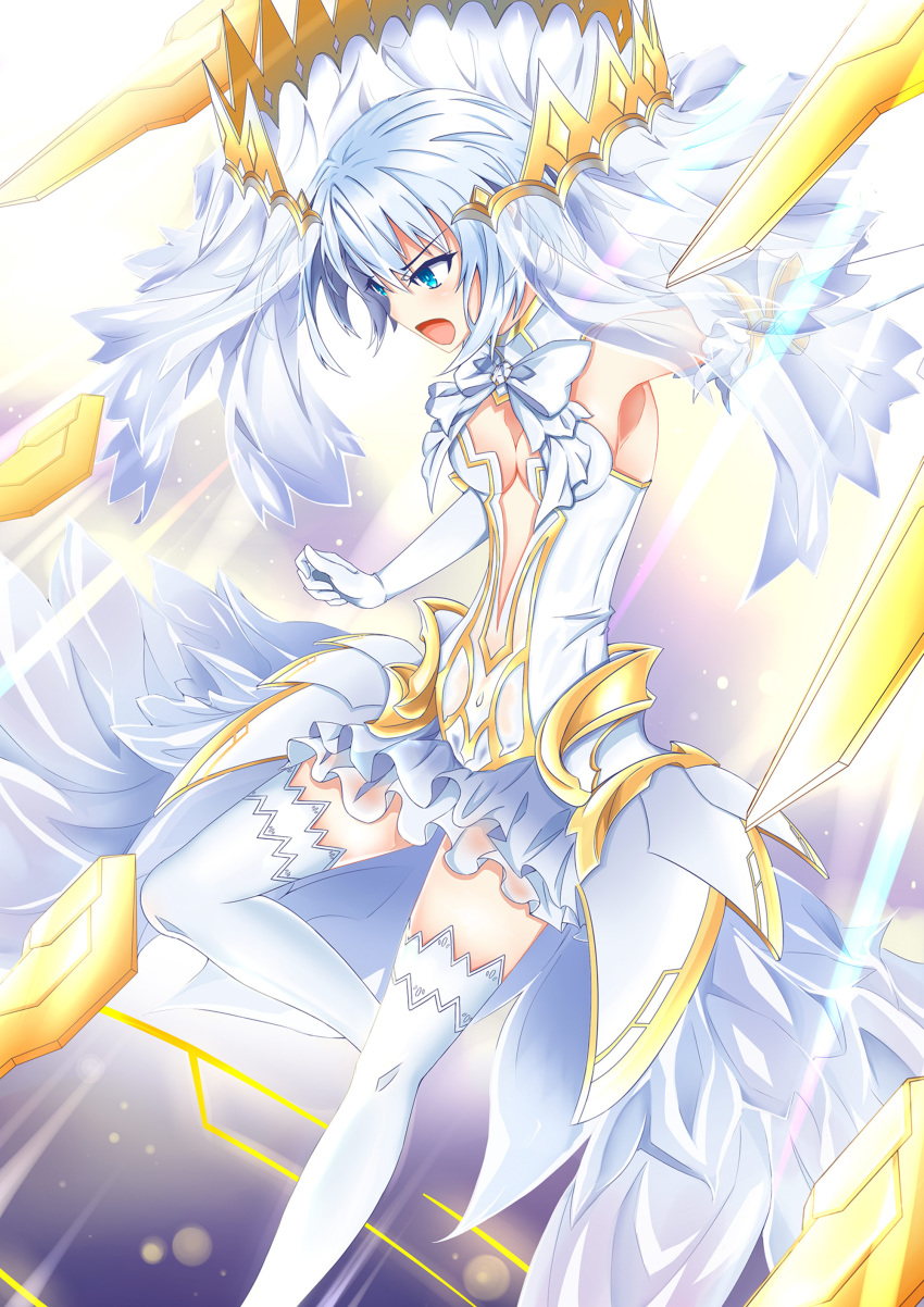 &gt;_o absurdres angry armpits bare_shoulders blue_eyes breasts cleavage cleavage_cutout commentary_request crown date_a_live detached_collar dress elbow_gloves flying from_side gloves highres light_rays looking_to_the_side miying_(13975192760) one_eye_closed open_mouth short_hair silver_hair small_breasts solo thighhighs tobiichi_origami veil white_dress white_gloves white_legwear