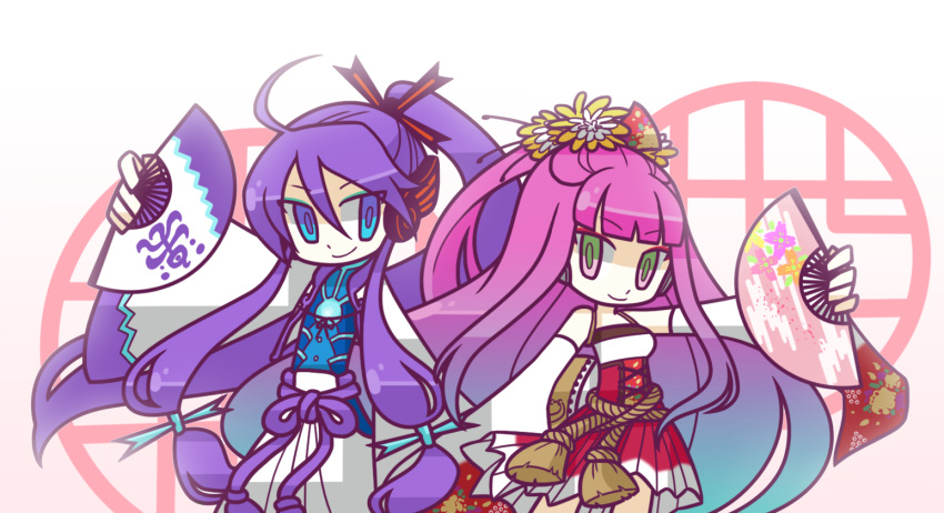 1girl blue_eyes bright_pupils chibi closed_mouth crealle_(kjbionicle8) detached_sleeves fan folding_fan gradient_hair green_eyes halter_top halterneck headphones japanese_clothes kamui_gakupo kobushi_kiku long_hair looking_at_viewer multicolored_hair purple_hair smile trait_connection vocaloid vy1