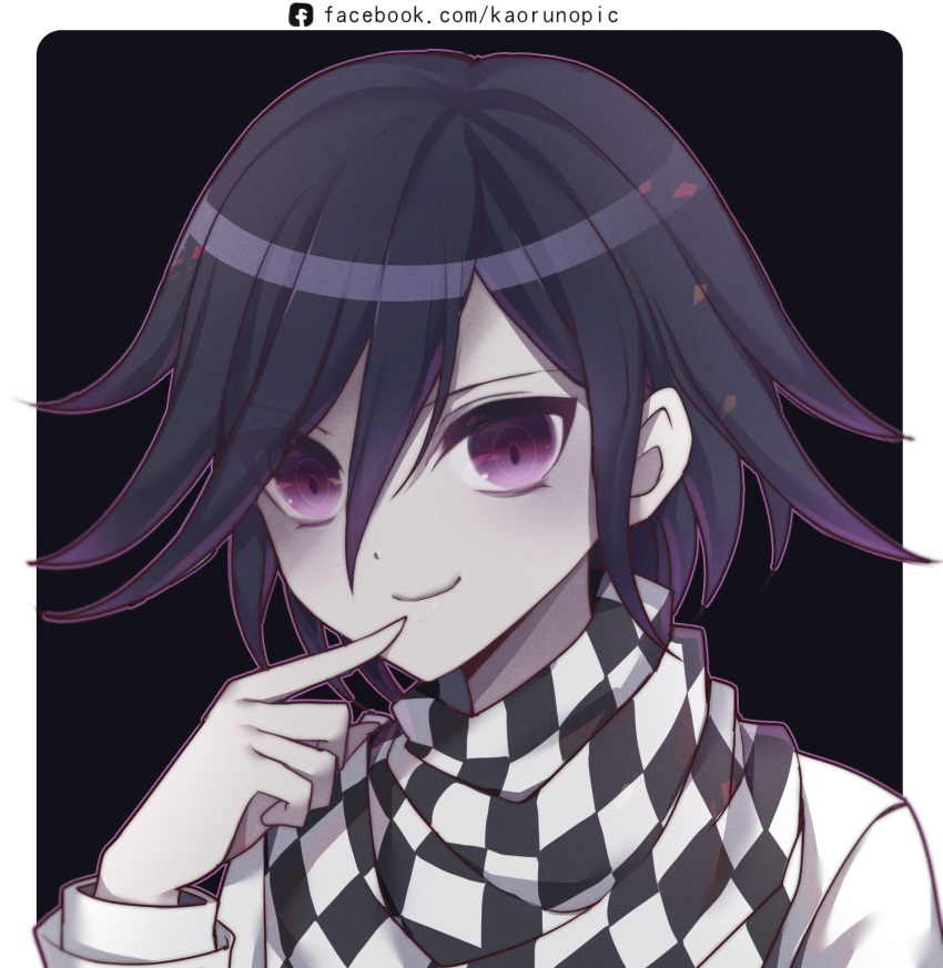atobesakunolove black_background checkered checkered_scarf chinese_commentary closed_mouth commentary_request danganronpa facebook_username finger_to_mouth hair_between_eyes highres long_sleeves looking_at_viewer male_focus new_danganronpa_v3 ouma_kokichi purple_eyes purple_hair ringed_eyes scarf shirt simple_background smile solo watermark web_address white_shirt