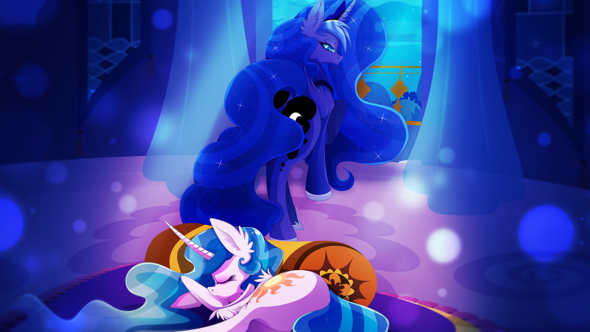 2018 blue_theme cutie_mark equine female friendship_is_magic horn mammal my_little_pony princess_celestia_(mlp) princess_luna_(mlp) rariedash sleeping winged_unicorn wings