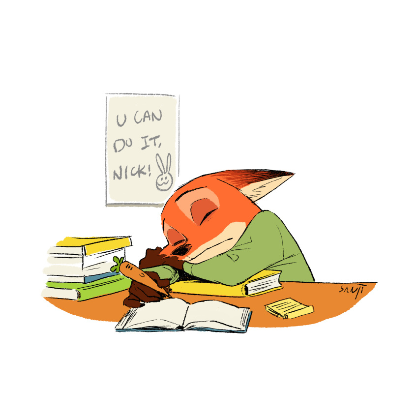 2016 4_fingers :3 anthro black_nose book canine carrot_pen clothed clothing digital_drawing_(artwork) digital_media_(artwork) dipstick_ears disney english_text eyes_closed fox fully_clothed fur hi_res holding_object male mammal nick_wilde notepad orange_fur pen sanjiseo shirt signature simple_background sleeping solo stack text white_background zootopia