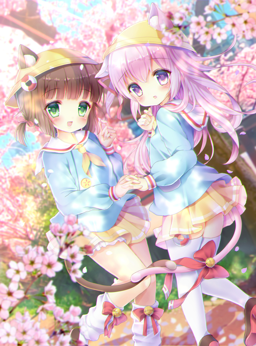 :d animal_ears azur_lane bangs bell blue_shirt blurry blurry_background blurry_foreground blush bow brown_footwear brown_hair cat_ears cat_girl cat_tail cherry_blossoms chromatic_aberration commentary_request day depth_of_field dutch_angle ears_through_headwear eyebrows_visible_through_hair fang flower green_eyes hair_between_eyes hair_ribbon hand_up hat highres holding_hands interlocked_fingers intertwined_tails jingle_bell kindergarten_uniform kisaragi_(azur_lane) lifebuoy loafers long_hair long_sleeves looking_at_viewer looking_to_the_side loose_socks multiple_girls mutsuki_(azur_lane) neckerchief open_mouth outdoors parted_lips petals pink_flower pink_hair pleated_skirt purple_eyes red_bow red_ribbon ribbon sailor_collar school_hat shirt shoes skirt smile sunlight tail tail_bell tail_bow thighhighs very_long_hair white_legwear white_sailor_collar yellow_hat yellow_neckwear yellow_skirt yuyuko_(yuyucocco)