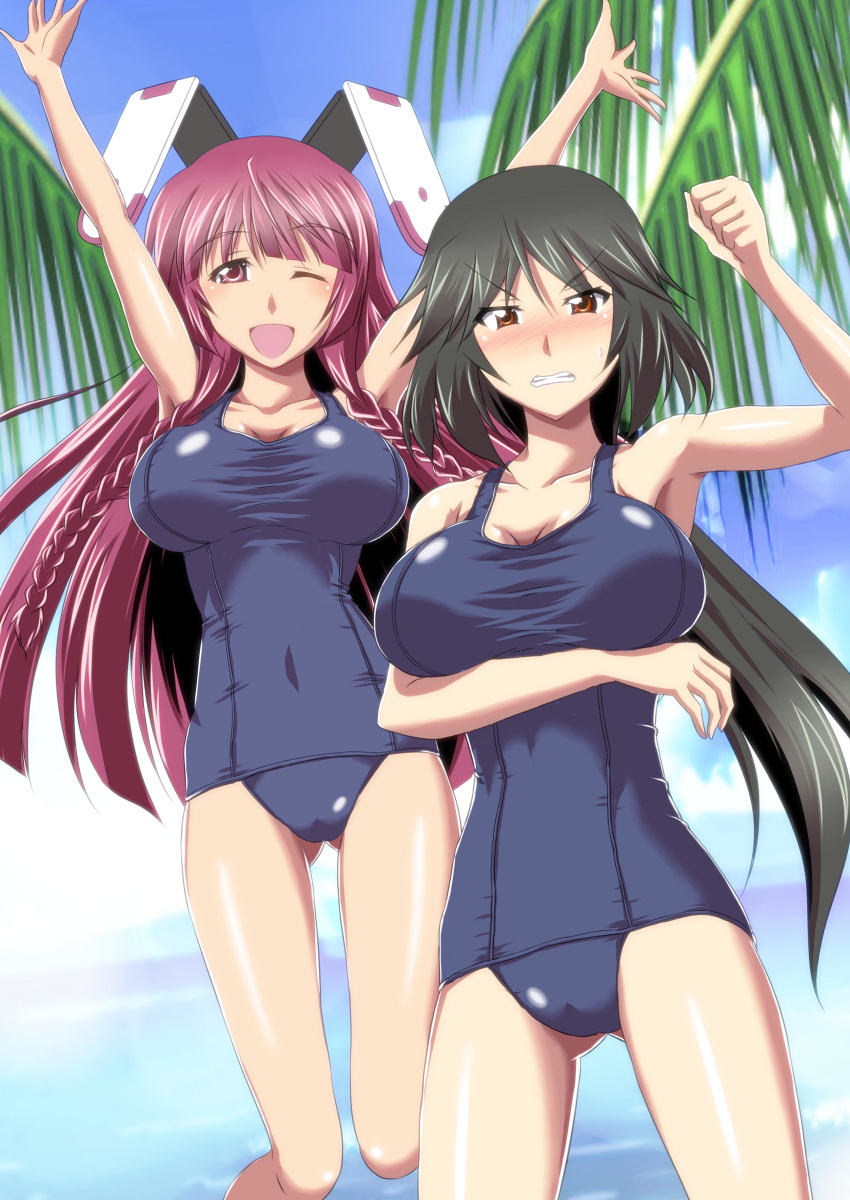 :d absurdres angry animal_ears arm_under_breasts armpits ass_visible_through_thighs bangs black_hair blue_swimsuit blush braid breast_hold breasts brown_eyes bunny_ears cleavage clenched_hand clenched_teeth dutch_angle embarrassed hair_between_eyes highres infinite_stratos jumping kuroda_ariake large_breasts long_hair multiple_girls ocean old_school_swimsuit one-piece_swimsuit one_eye_closed open_mouth orimura_chifuyu palm_tree purple_eyes purple_hair school_swimsuit shinonono_tabane smile sweatdrop swimsuit teeth tree twin_braids very_long_hair