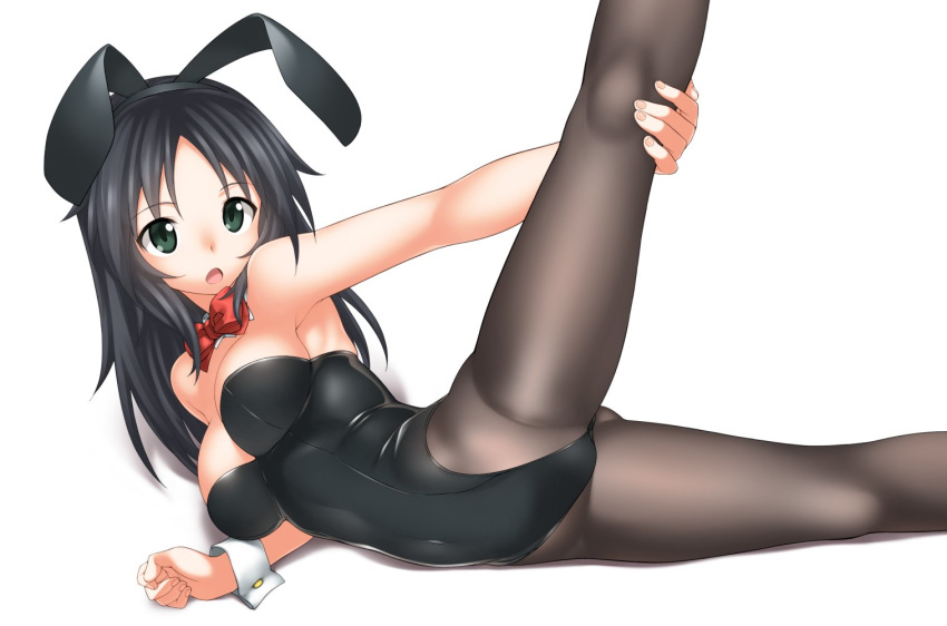 animal_ears black_hair black_legwear black_leotard bow bowtie breasts bunny_ears bunnysuit detached_collar girls_und_panzer green_eyes hatakenaka_(kamagabuchi) leg_up leotard long_hair lying medium_breasts on_side open_mouth pantyhose red_neckwear simple_background solo split strapless strapless_leotard white_background wrist_cuffs yamagou_ayumi