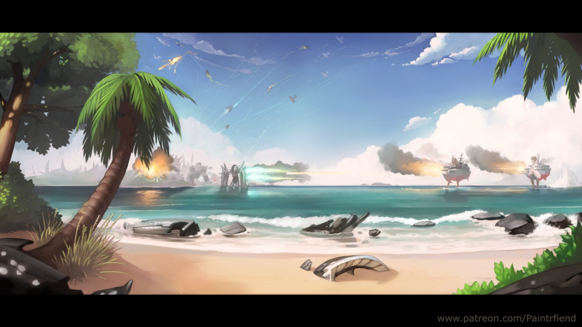 ahoge aircraft airplane battle beach black_hair blue_sky brown_hair cannon day detached_sleeves explosion fire headgear hiei_(kantai_collection) highres kantai_collection kongou_(kantai_collection) letterboxed long_sleeves machinery multiple_girls ocean outdoors paintrfiend patreon_username rigging ru-class_battleship sand shinkaisei-kan shipwreck short_hair sky steam tree watermark waves web_address