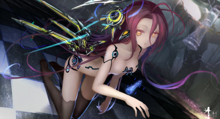 :o android antenna_hair backlighting black_legwear blush breasts checkered checkered_floor chess_piece detached_wings dutch_angle expressionless eyelashes floating floating_object hair_between_eyes headgear highres indoors king_(chess) kneeling leaning_forward long_hair looking_at_viewer md5_mismatch mechanical_wings no_game_no_life no_nipples nude on_floor orange_eyes parted_lips purple_hair shuvi_(no_game_no_life) signature small_breasts solo thighhighs very_long_hair wangchuan_de_quanyan wings